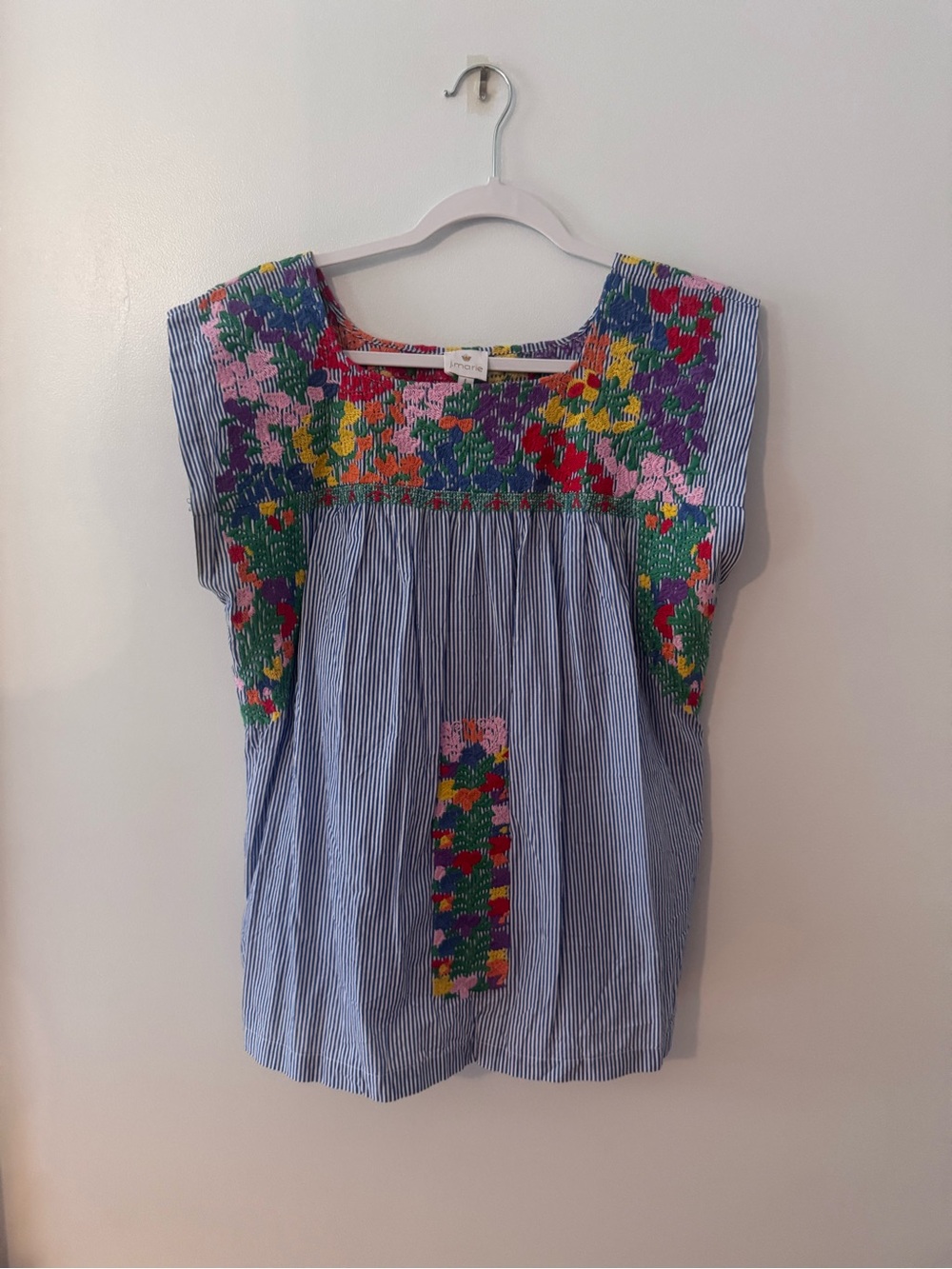 J.Marie Blue Striped Floral Mexican Embroidered Sleeveless Top - Picture 5 of 10